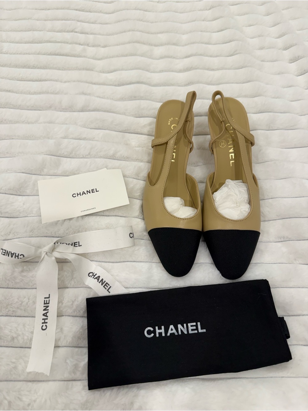 CHANEL Two-Tone Slingback Pumps in Tan and Black